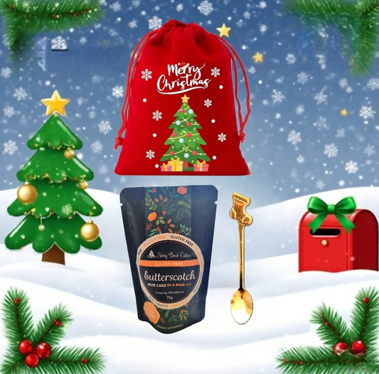 Story Book Cakes - Christmas Limited Edition - Gluten Free - Small Gift Bag Bundle - 1 x Gluten Free Mud Cakes, 1 x Spoon, 1 x Xmas Bag
