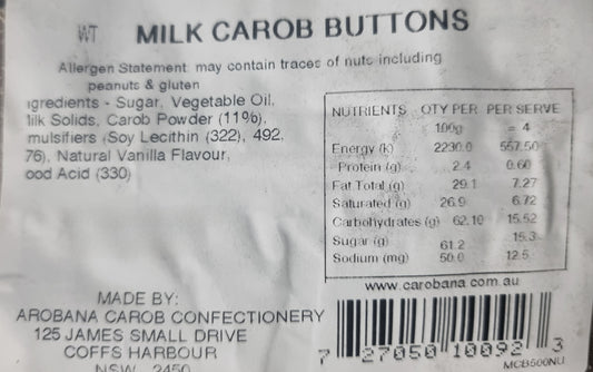 Carobana Diabetic Friendly, Milk Carob Buttons (125g, 500g) - No Added Sugar (NAS)