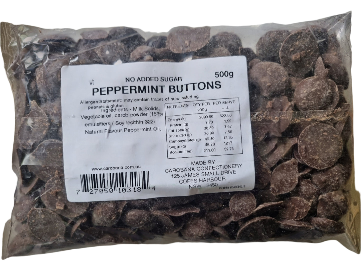 Carobana - Diabetic Friendly - Peppermint Carob Buttons (125g, 500g) - No Added Sugar (NAS)