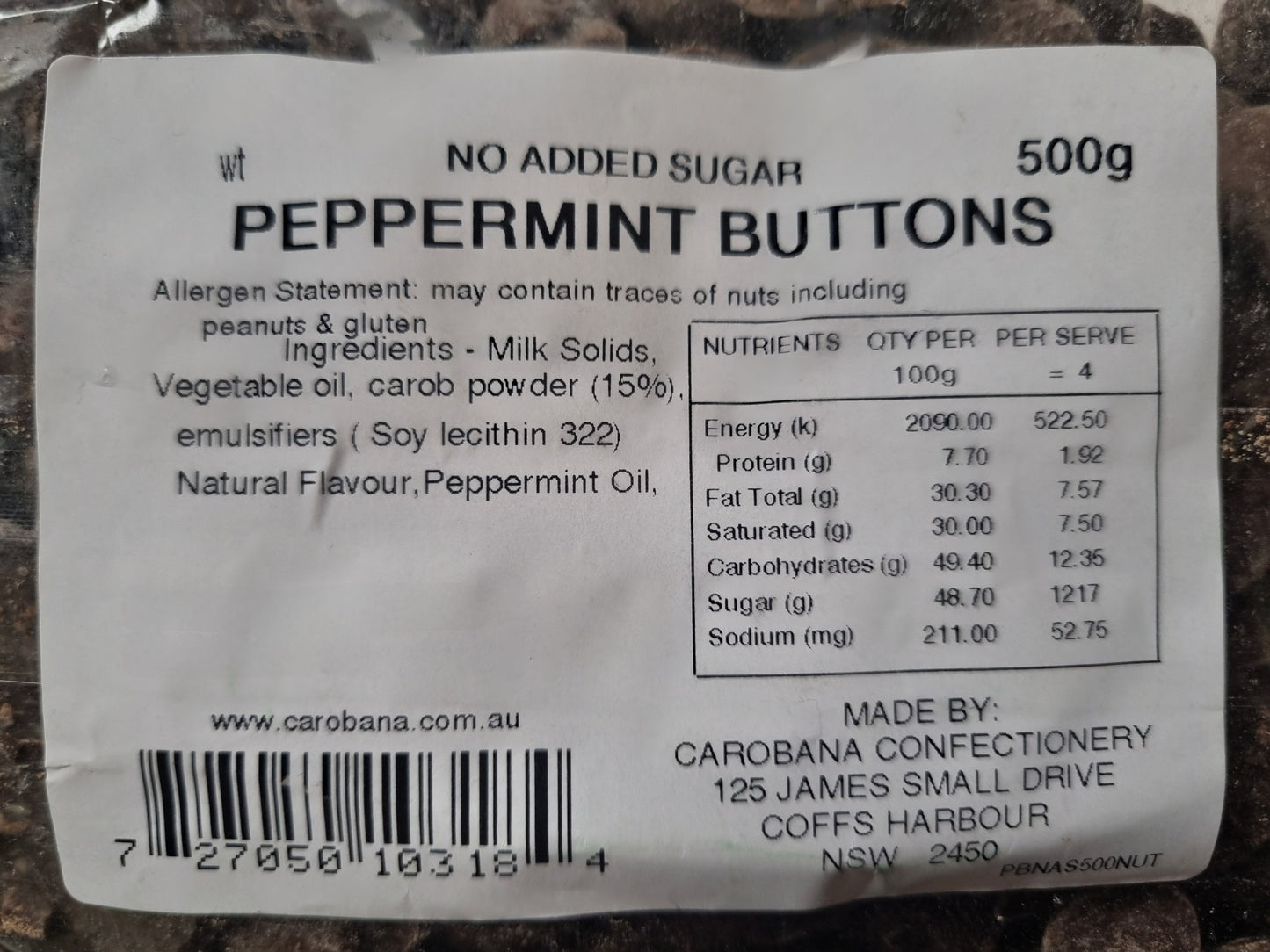 Carobana - Diabetic Friendly - Peppermint Carob Buttons (125g, 500g) - No Added Sugar (NAS)