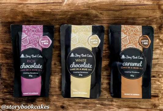 Story Book Cakes - Mug Mud Cake Mix (3 x 80g) - Chocolate (White and Milk) and Caramel