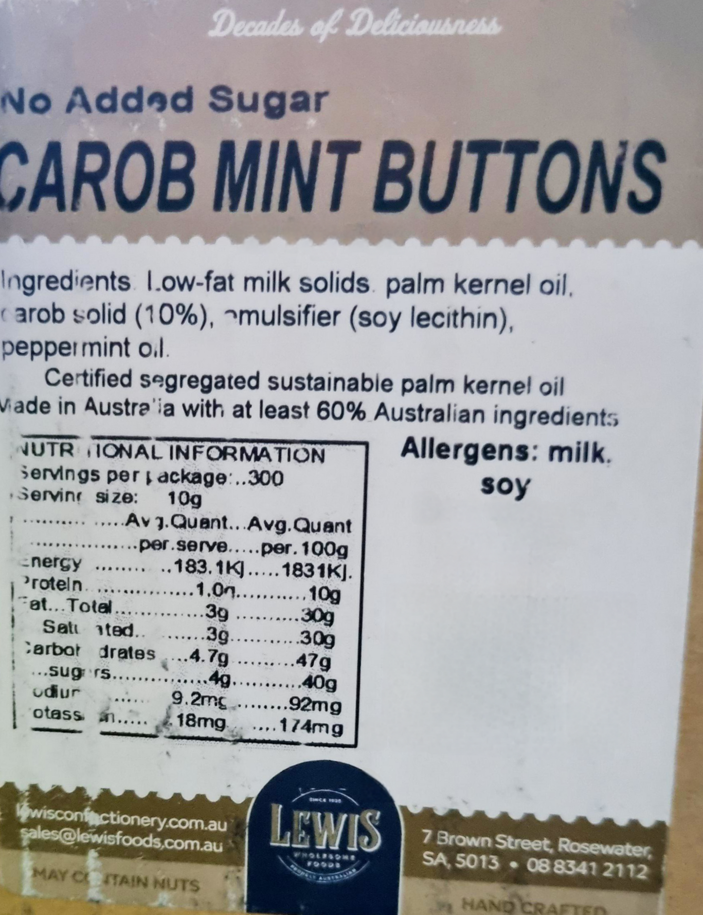 Krisp N Krunch - Gluten Free, Diabetic Friendly - Peppermint Carob Buttons (250g, 500g) - No Added Sugar