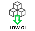 Logo with three interlocking cubes and a green arrow pointing downwards, labeled 'LOW GI'.