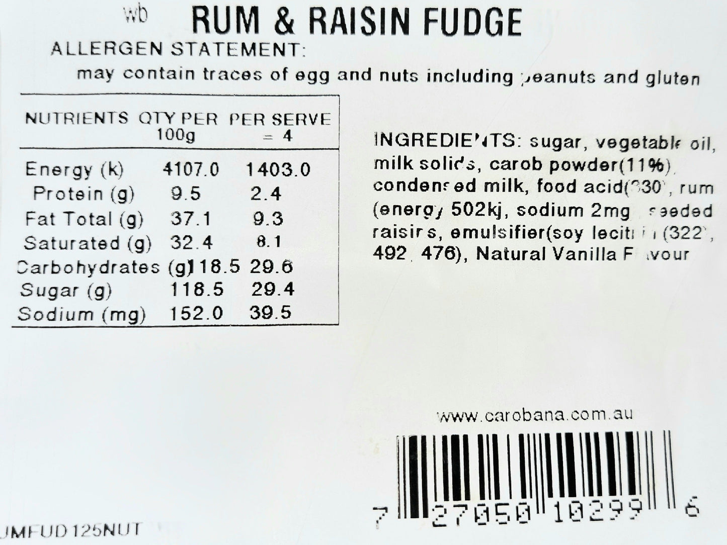 Carobana Rum N Raisin Carob Fudge (125g)
