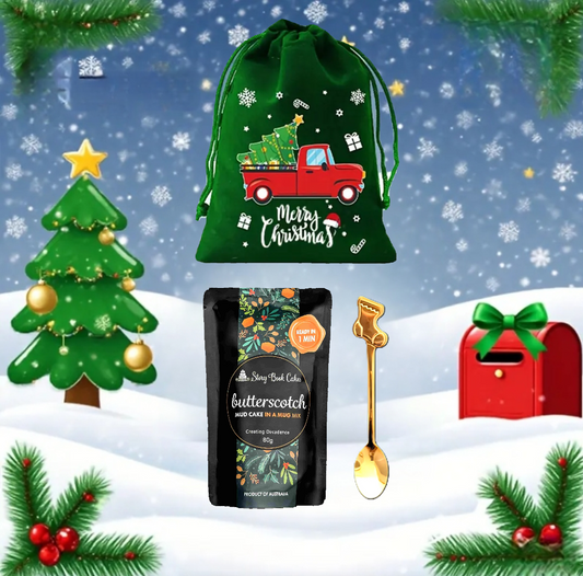 Christmas-themed items including a green drawstring bag, butterscotch tea package, gold spoon, and red mailbox on a snowy background.