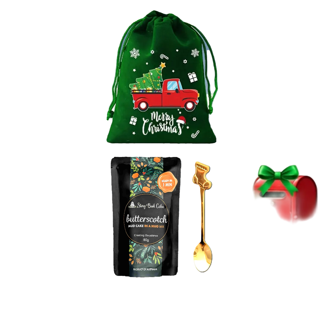 Green drawstring bag with Christmas design, butterscotch snack mix package, gold spoon, and red candy with green bow on a white background.
