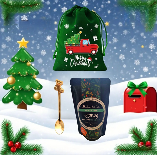 Christmas-themed items including a green drawstring bag, eggnog, and festive decorations on a snowy background.