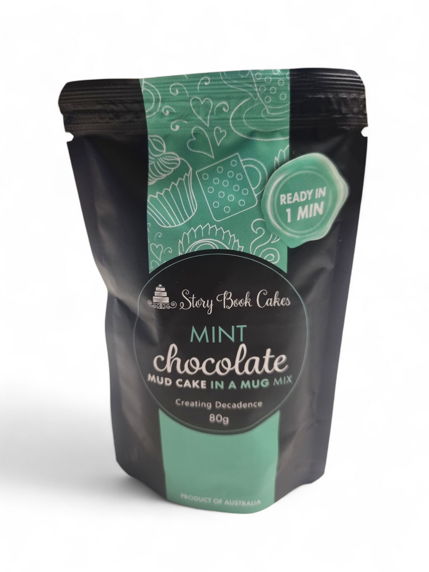 Packaged mint chocolate mug cake mix with green and black design on a white background