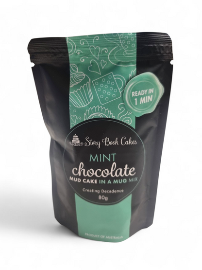 Packaged mint chocolate mug cake mix with green and black design on a white background