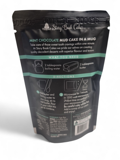 Back of a black packaging for mint chocolate mud cake in a mug with text and icons.