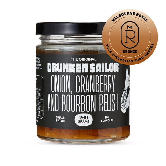 Jar of 'Drunken Sailor' relish with a Melbourne Royal Award badge on a white background