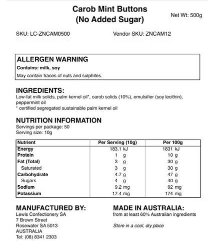 Peppermint Carob Buttons (250g, 500g) - Krisp N Krunch - No Added Sugar - Gluten Free, Diabetic Friendly
