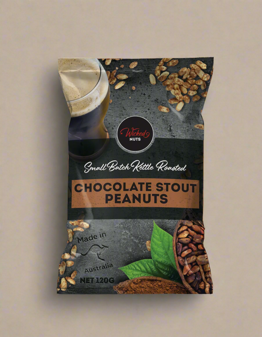 Packaging of chocolate stout peanuts with a brand logo on a white background