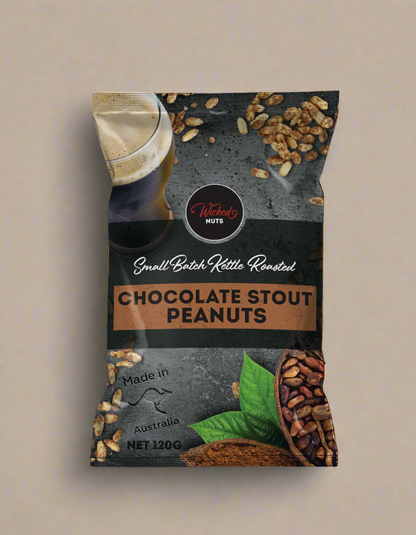 Packaging of chocolate stout peanuts with a brand logo on a white background