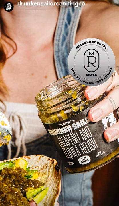 Drunken Sailor - Award Winning - Gluten Free, Dairy Free, Vegan - Jalapeno and Tequila Relish (260g) - Spicy Hot