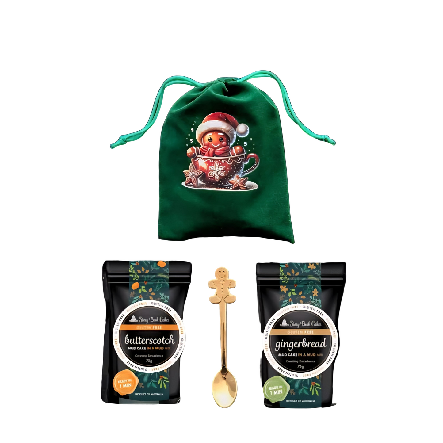 Story Book Cakes - Christmas Limited Edition - Standard or Gluten Free - Gift Bag Bundle - 2 x Mud Cakes, 1 x Spoon, 1 x Xmas Bag