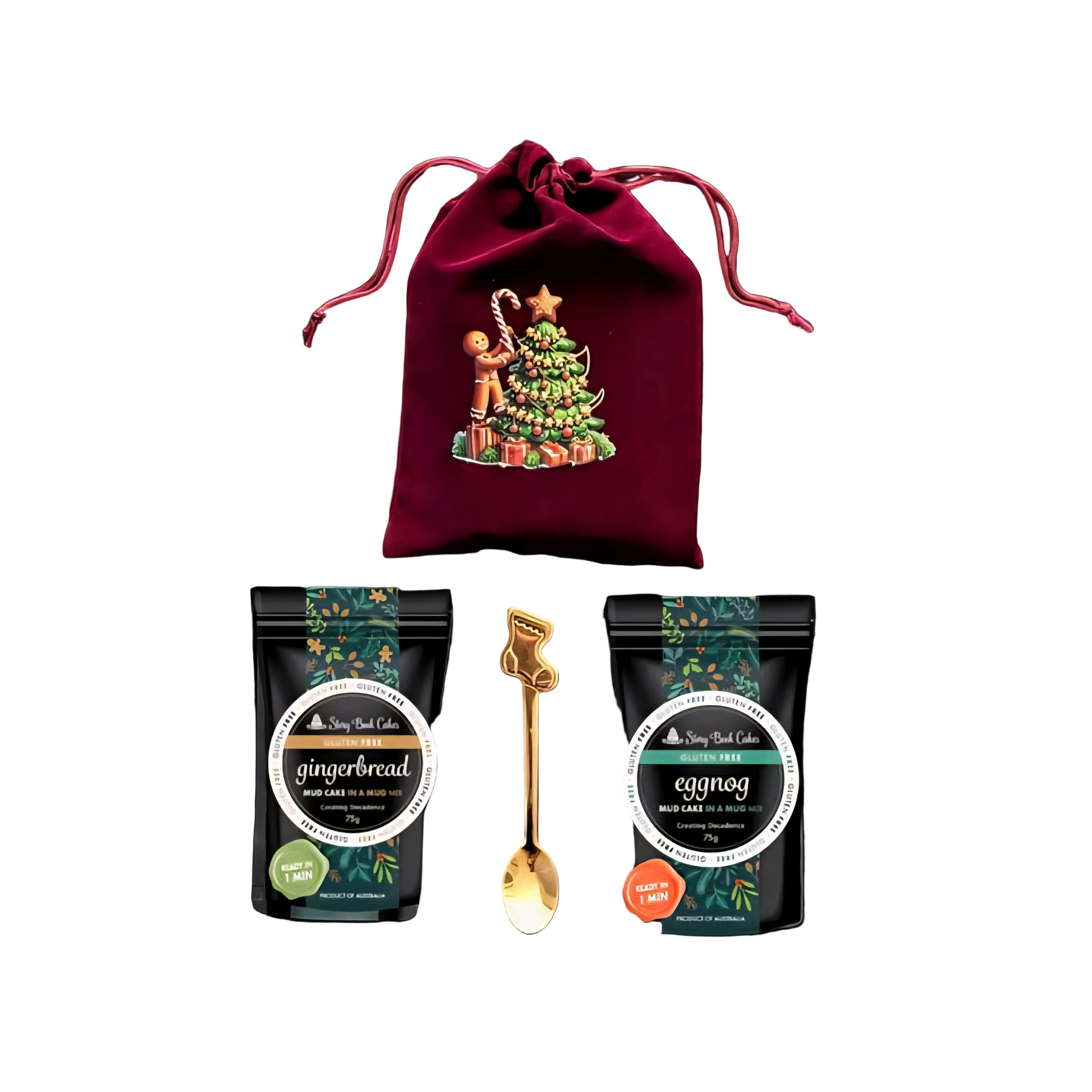 Christmas-themed gift set with a red drawstring bag, Gluten Free gingerbread and eggnog mixes, and a gold spoon on a white background.