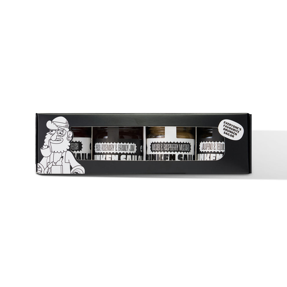 Drunken Sailor Gourmet Relish Mini Gift Pack 4-pack jars on a cheese board