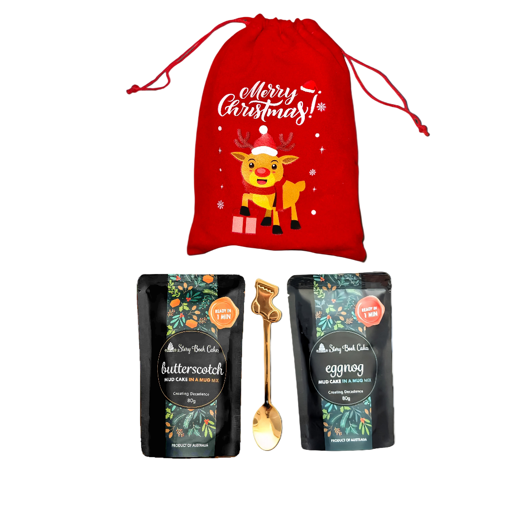 Story Book Cakes - Christmas Limited Edition - Standard or Gluten Free - Gift Bag Bundle - 2 x Mud Cakes, 1 x Spoon, 1 x Xmas Bag