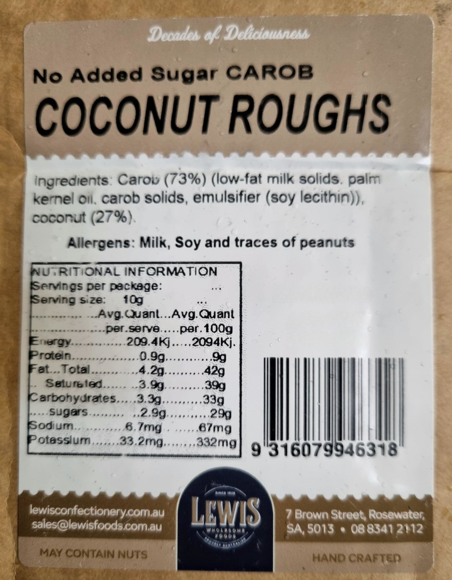 Krisp N Krunch - Coconut Rough (250g) - Gluten Free - Diabetic Friendly -No Added Sugar Carob - Lewis Confectionery