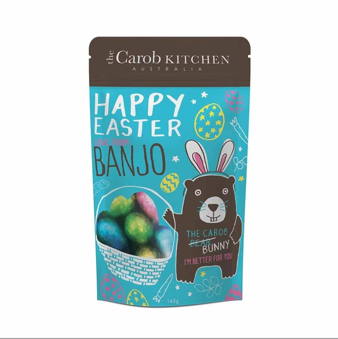 Carob Kitchen Australia Easter package with a bear character and colorful design.