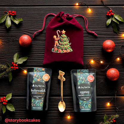 Story Book Cakes - Christmas Limited Edition - Standard or Gluten Free - Gift Bag Bundle - 2 x Mud Cakes, 1 x Spoon, 1 x Xmas Bag