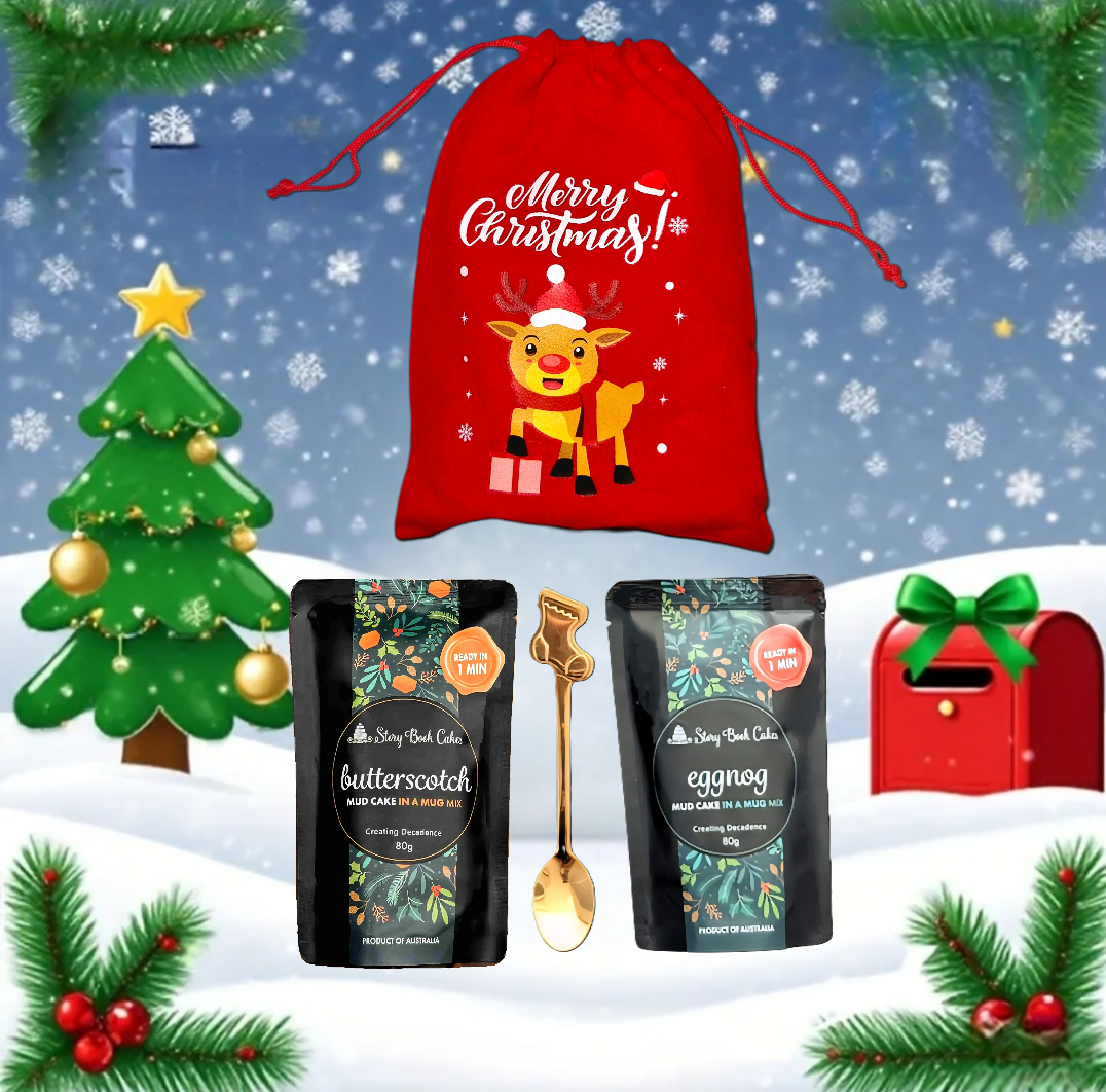Red Christmas sack with reindeer design, two festive food packages, a gold spoon, and Christmas decorations on a snowy background.